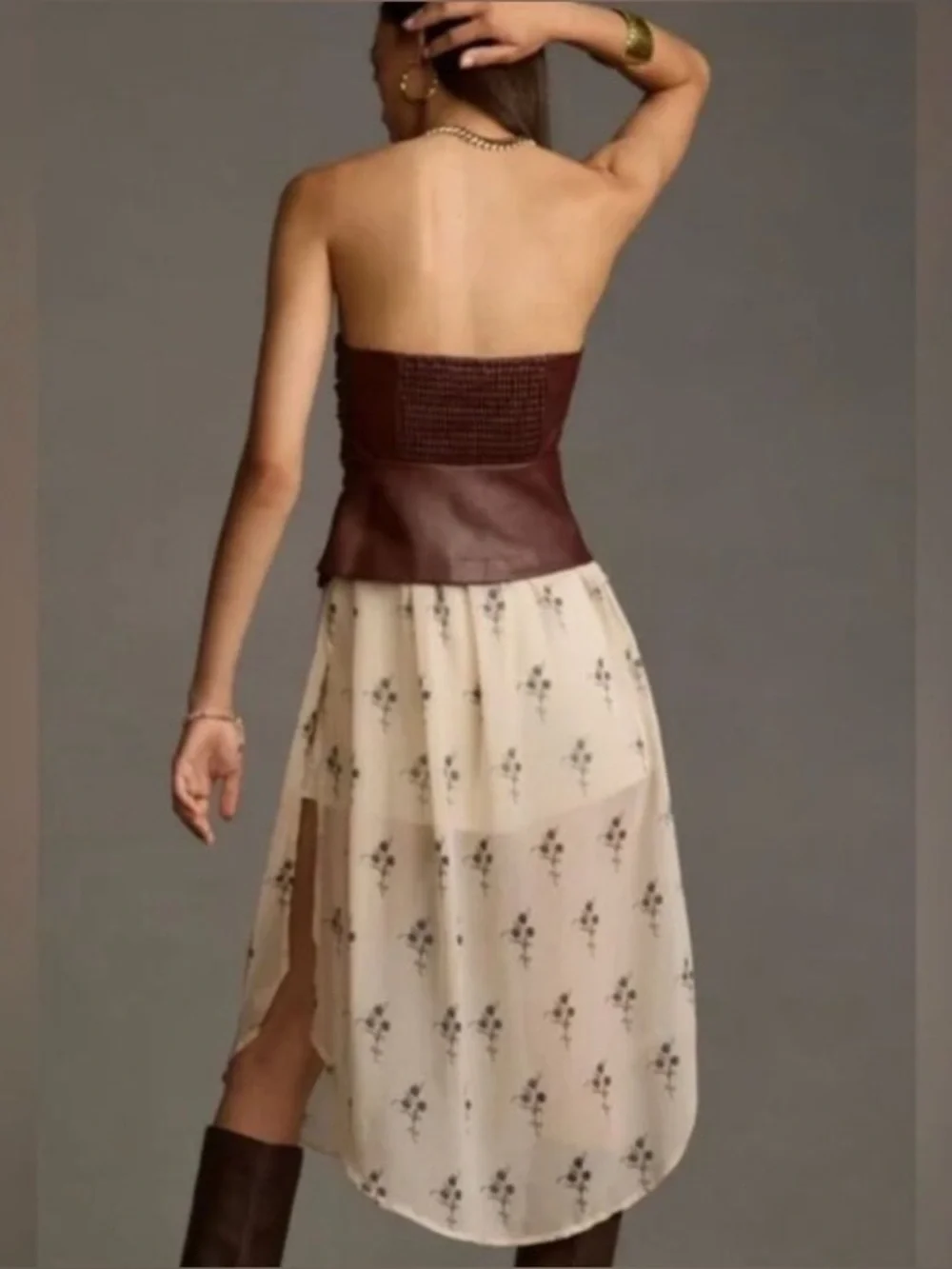 By Anthropologie Strapless Faux Leather Corset Layered Top size Large - Picture 3 of 14